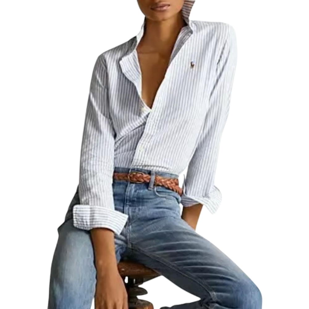 RALPH LAUREN Blue/White Striped Button Down Slim-Fit Oxford Shirt Women'…
